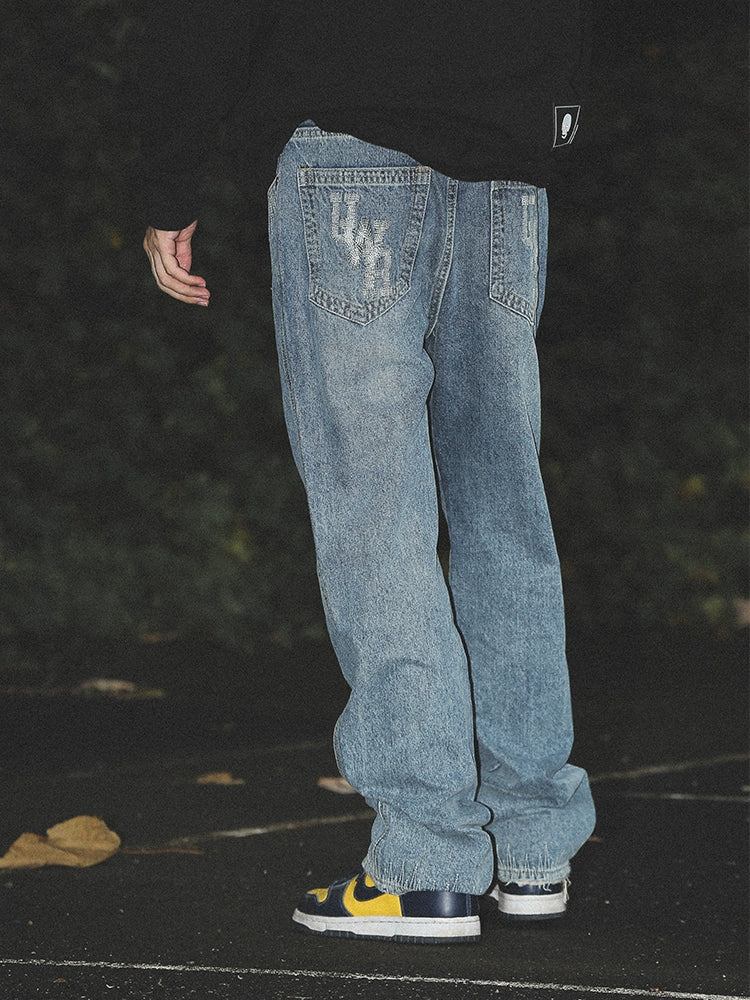 UNTILWERICH Straight-embroidered Loose Casual Hip-hop Jeans