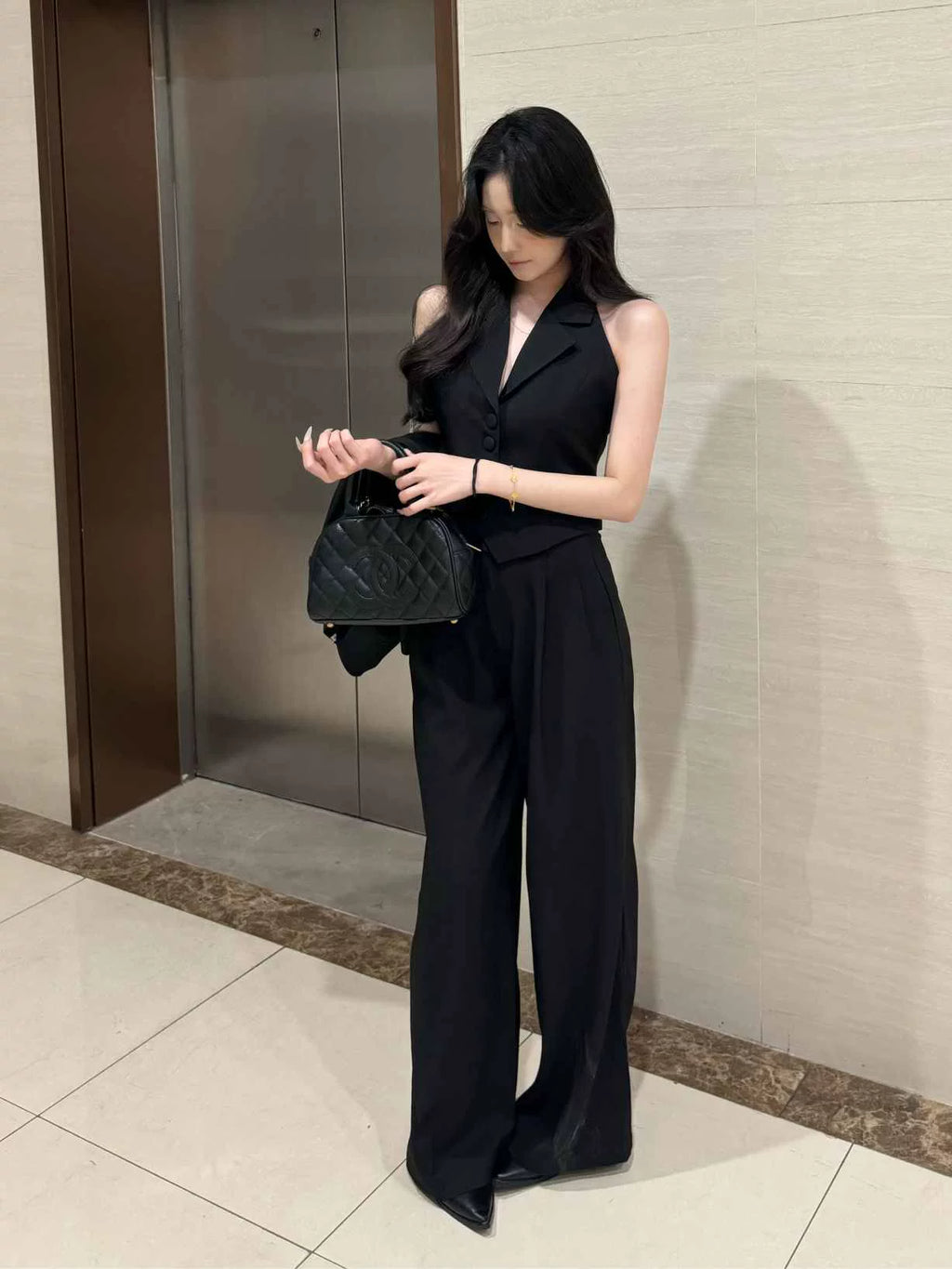 PANPANSTUDIO Workplace Commuter Wide Leg Pants Neck Suit Set