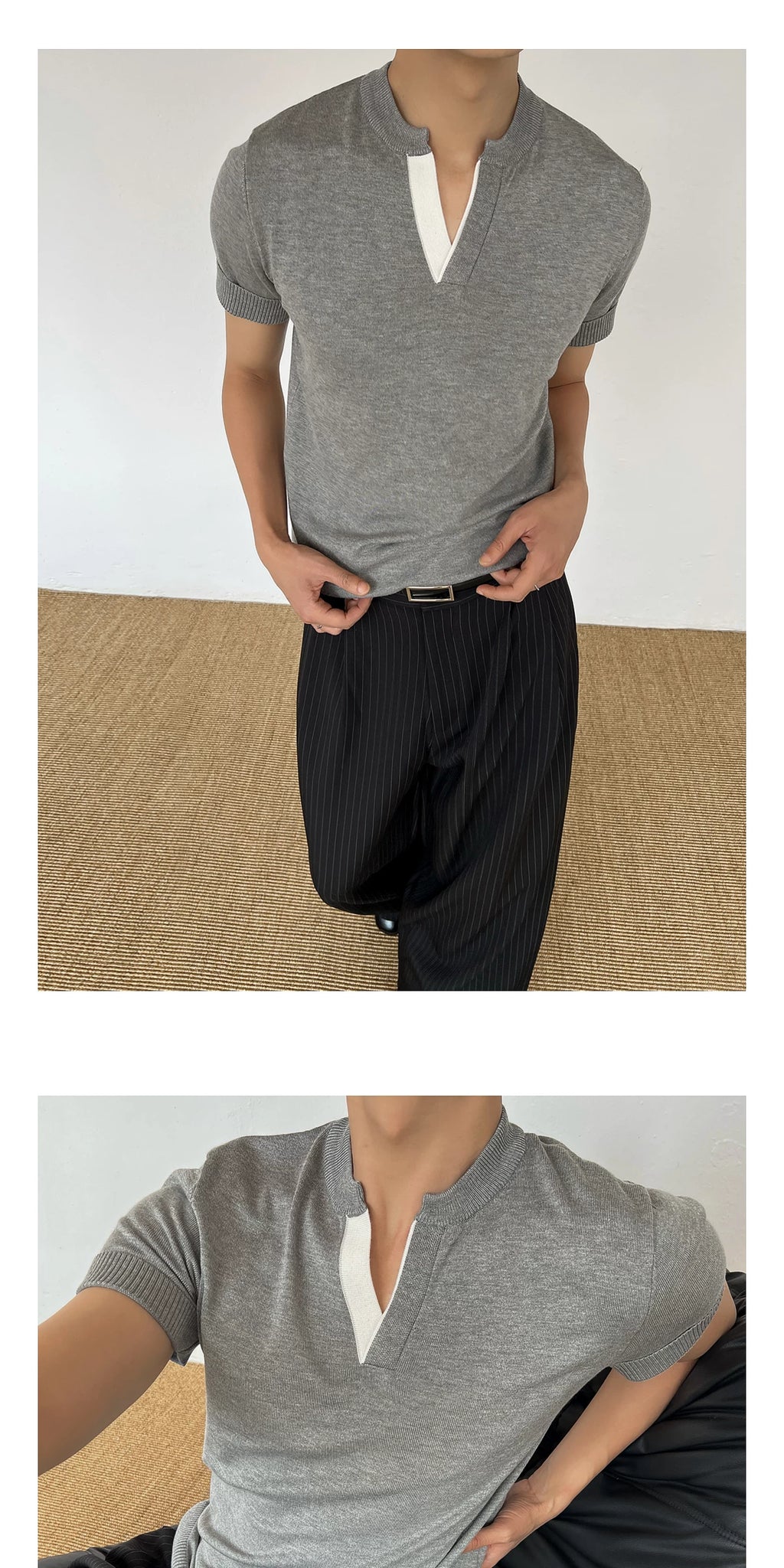 Chein Minimalist Contrasting Color V-neck Knitted Tee
