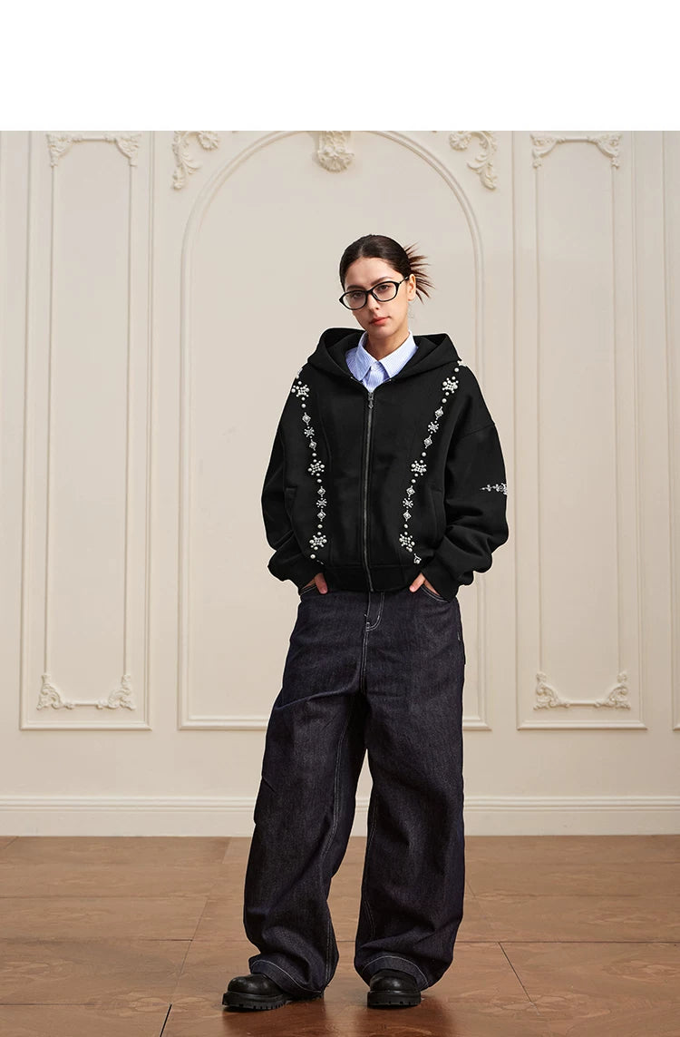 YADcrew Star Track String Pearl Cardigan Hooded Sweater