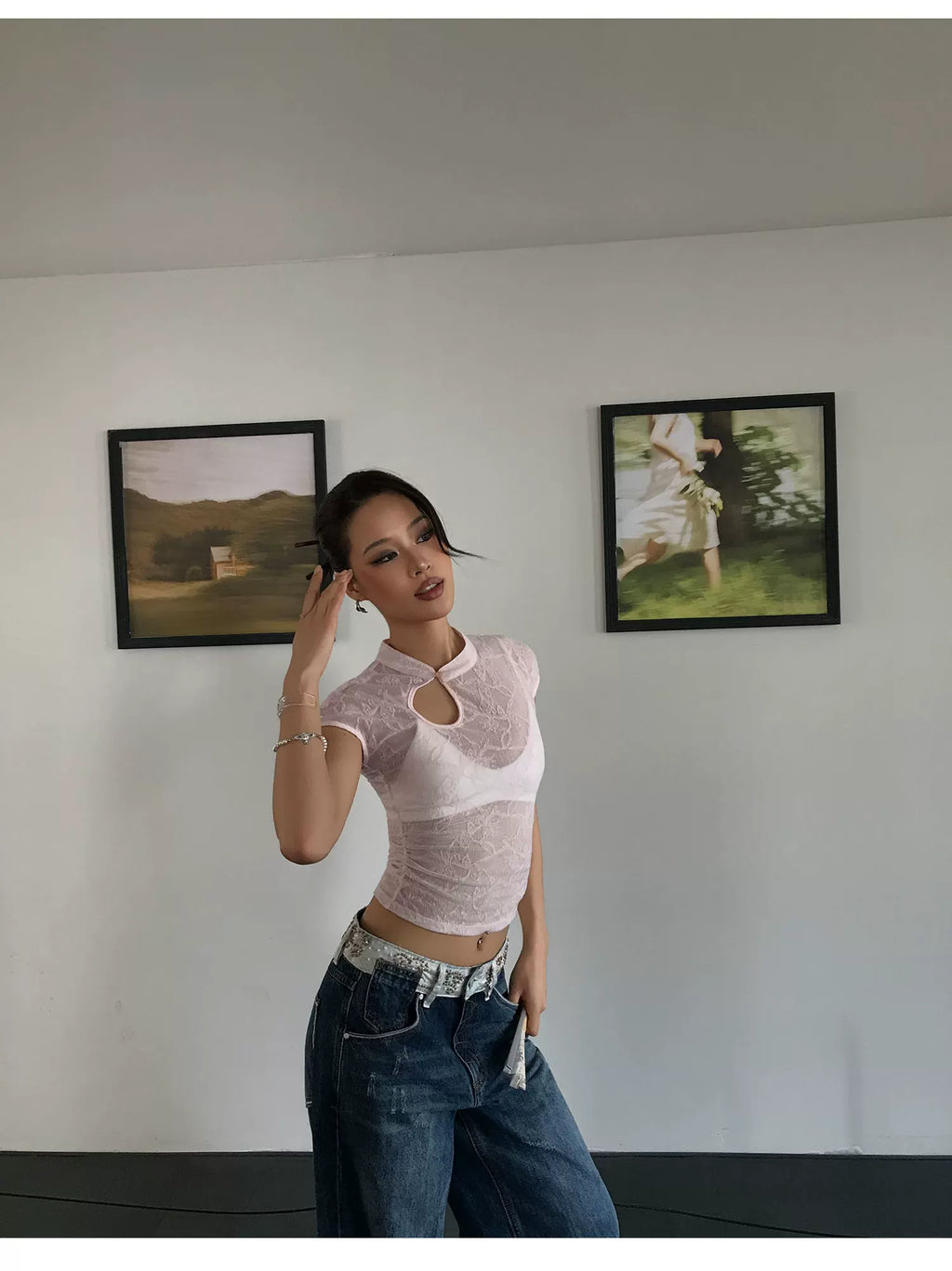 Audwyn Jacquard Hollow Slim Lace Waist Tee