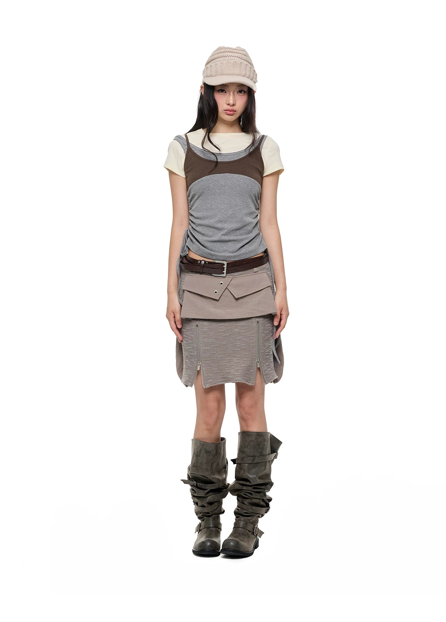 JIKOO Patchwork Textured Knit Pocket Skirt