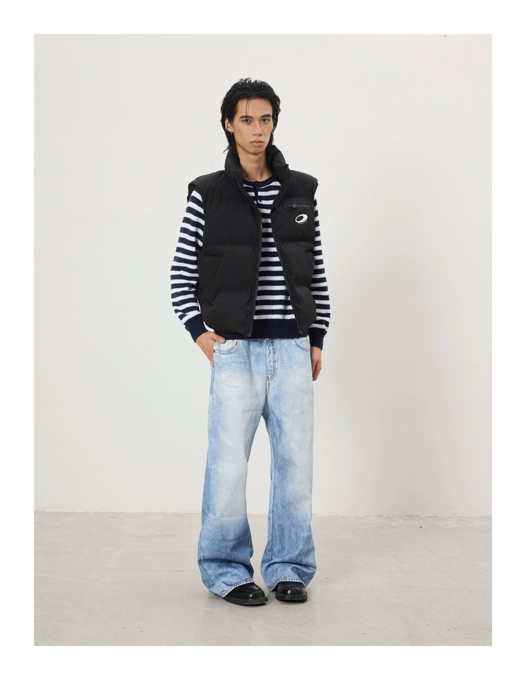 BTSG Retro 3D Printed Double Waist Striped Stitched Jeans