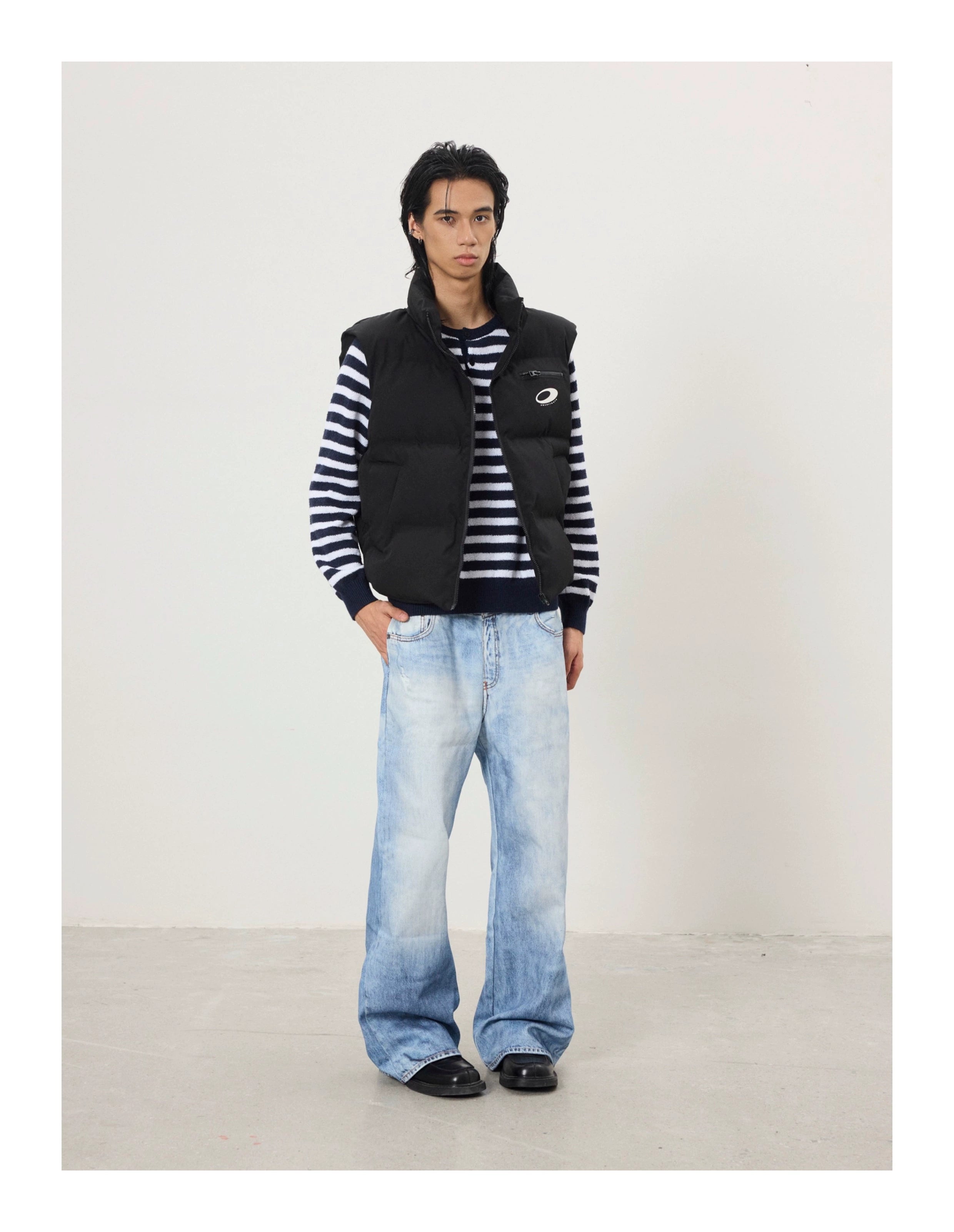 BTSG Retro 3D Printed Double Waist Striped Stitched Jeans