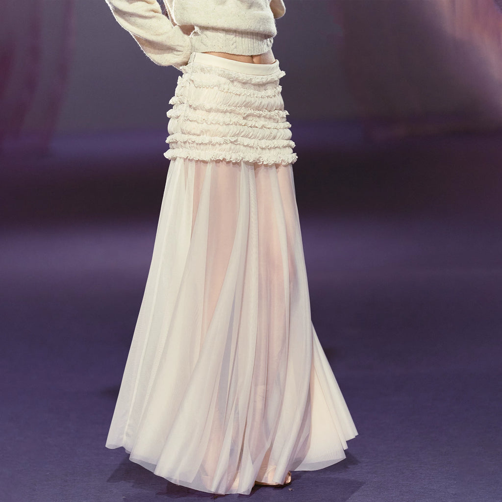 AGAM Three-dimensional Pleated Mesh Stitching Semi-transparent Long Skirt