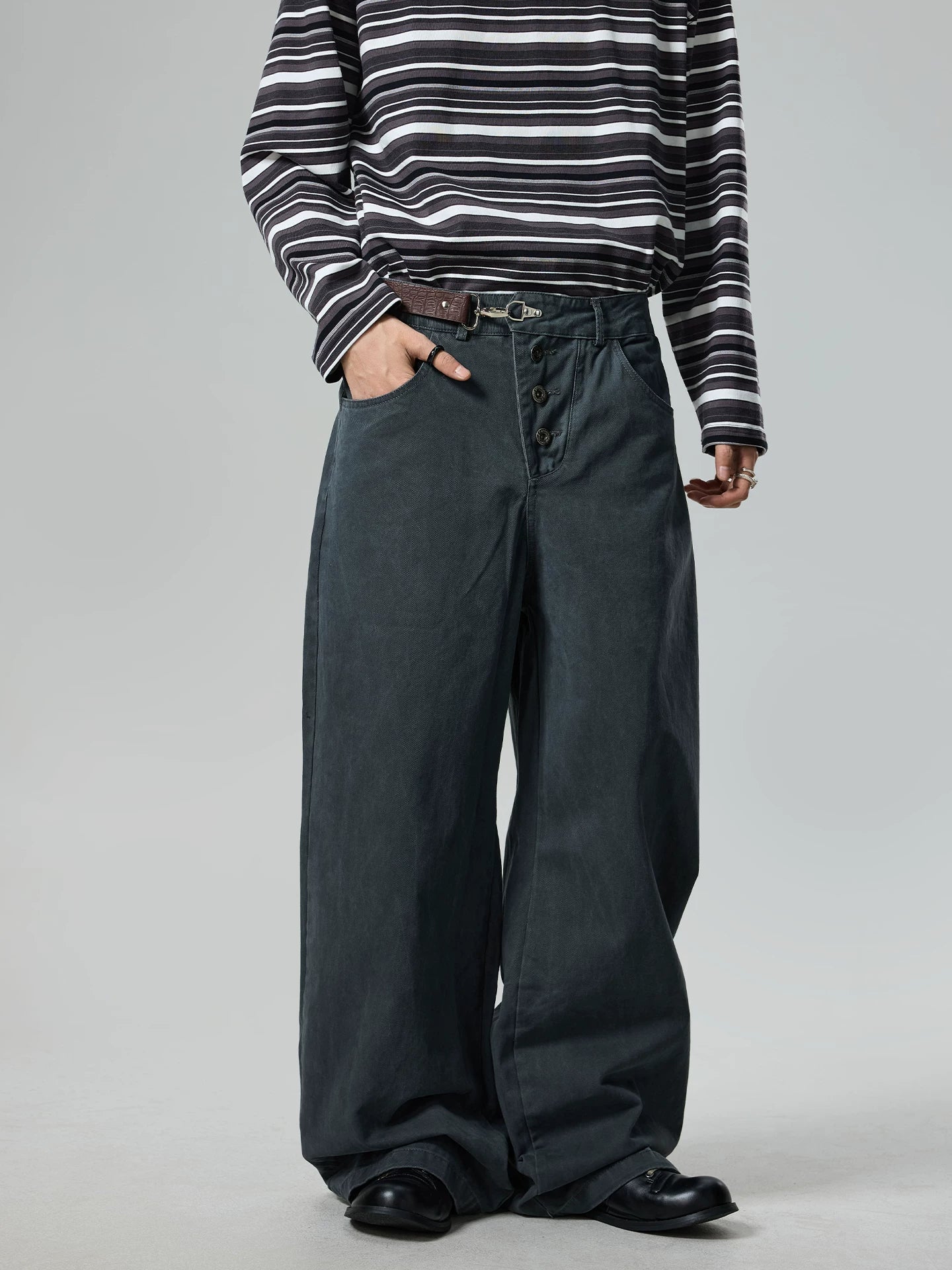 BTSG retro leather buckle waist washed gray loose wide-leg pants