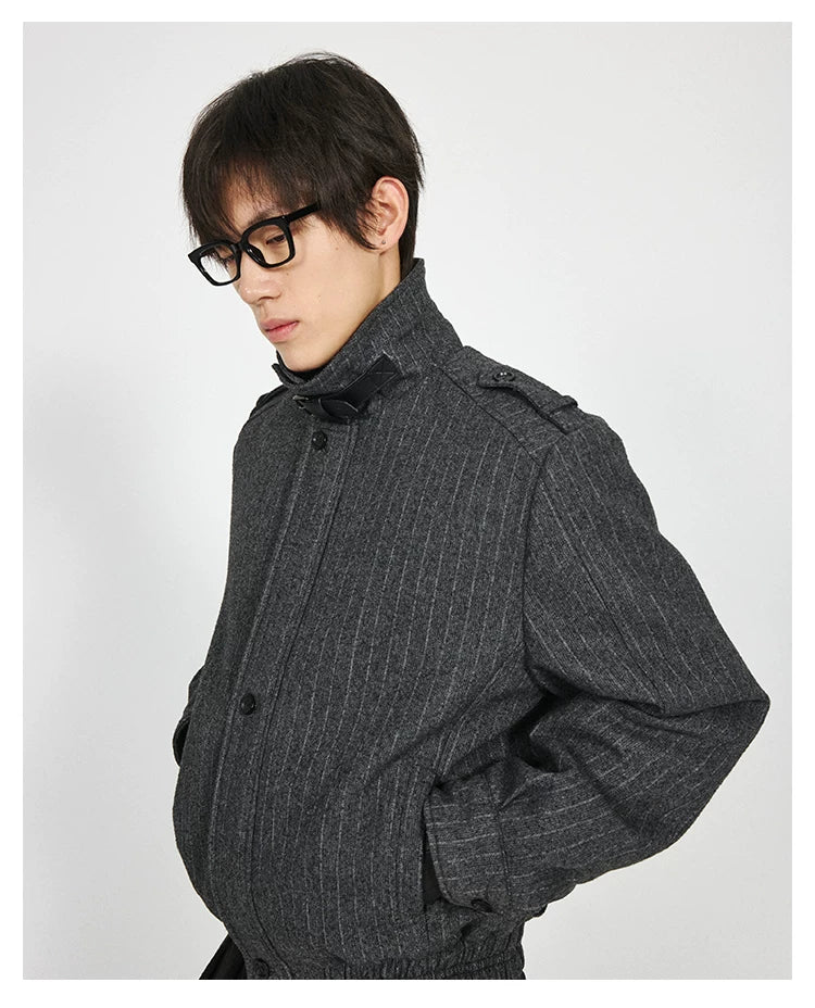 Stay The Night Striped Front Shoulder Removable Fur Collar Cotton Suit