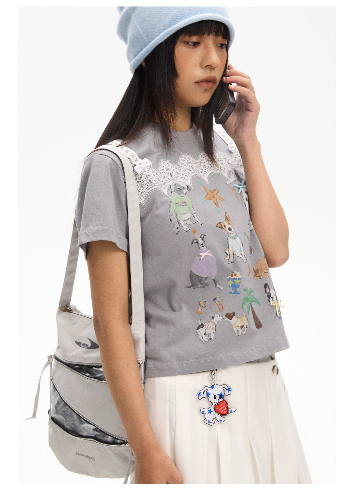 NewJNXS Reflective Printing Casual Multi-zipper Splicing Satchel