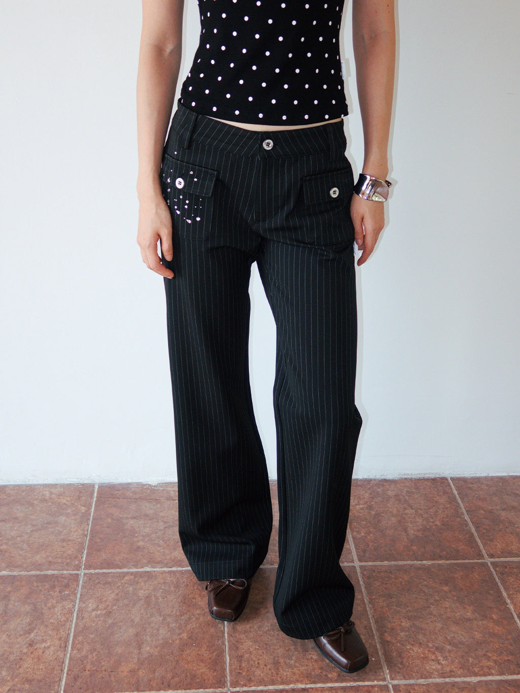 FUNKYFUN Medium and Low Waist Hot-drilled Pinstriped Flared Pants