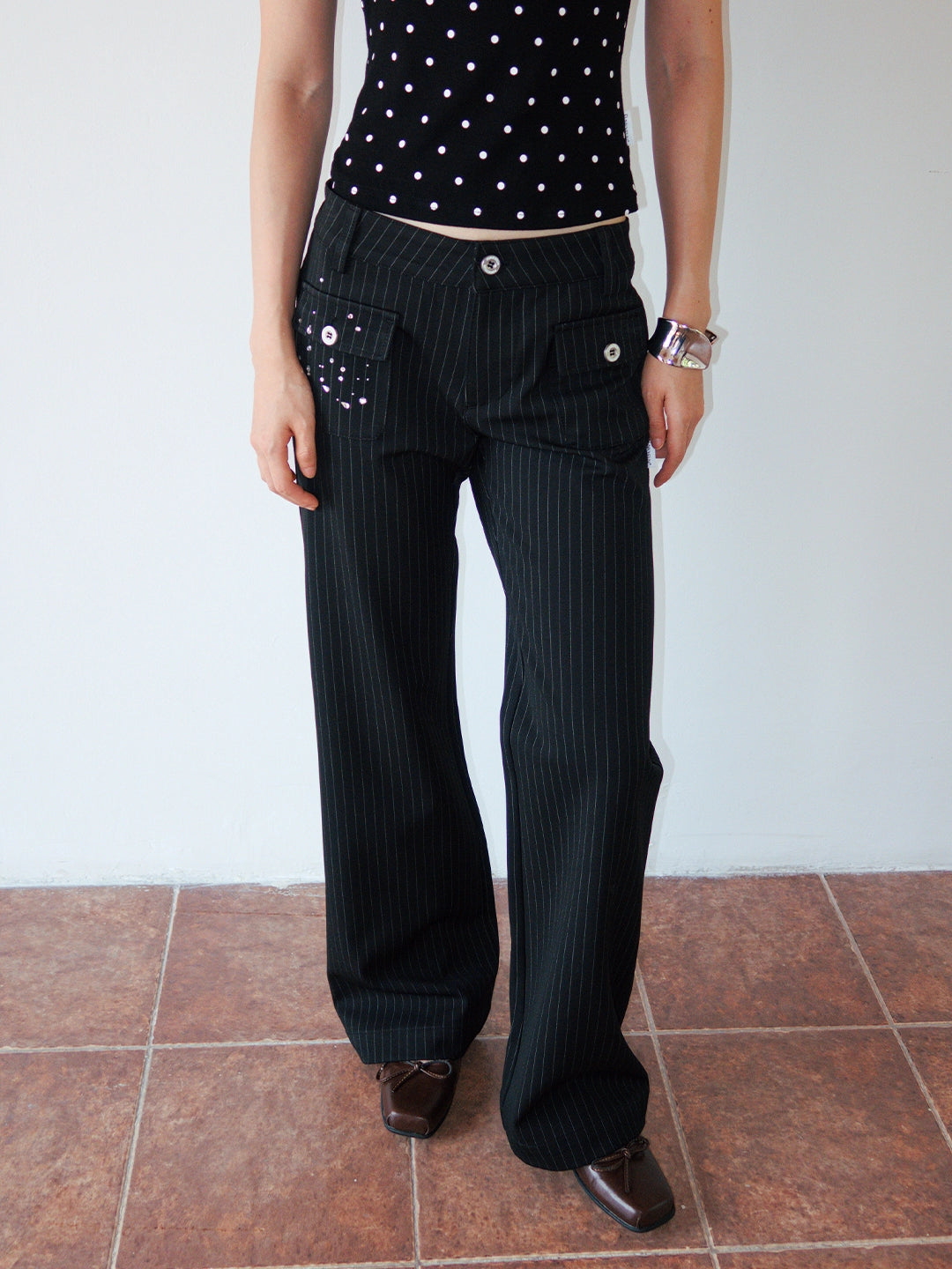 FUNKYFUN Medium and Low Waist Hot-drilled Pinstriped Flared Pants