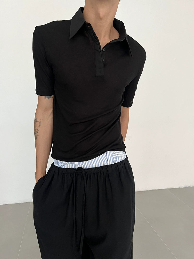 COLN Loose Micro-transparent Splicing Short-sleeved Polo Shirt