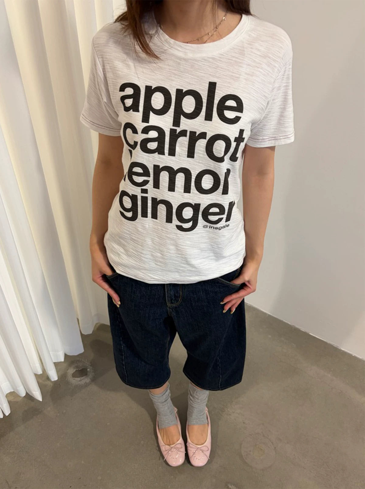 InsGale Bamboo Pattern Bright Line Letter Print Casual Tee