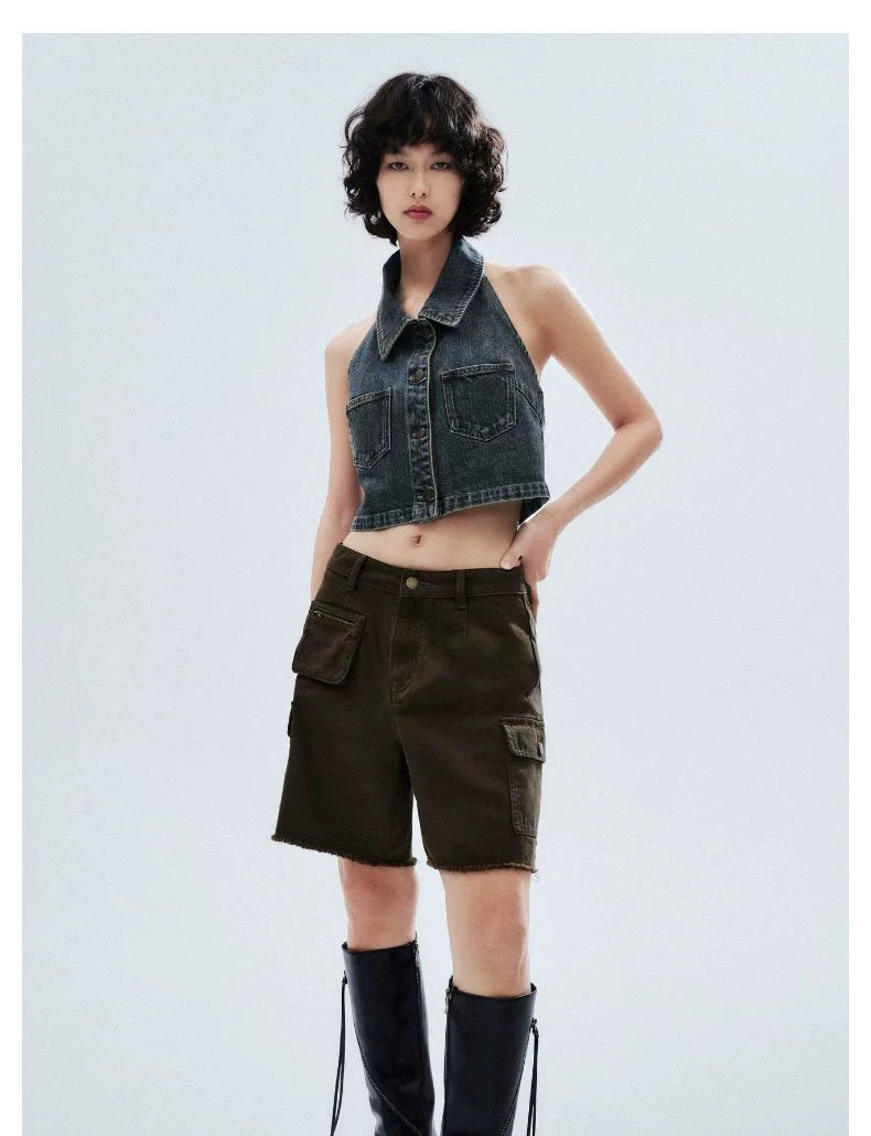 URBAN REVIVO Neck Halter Sleeveless Denim Shirt