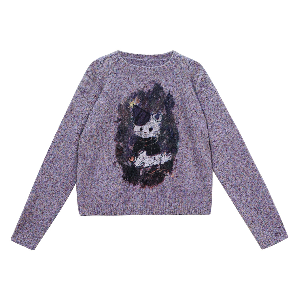 Girlyhalo Vintage Print Pullover Crew Neck Knitted Sweater