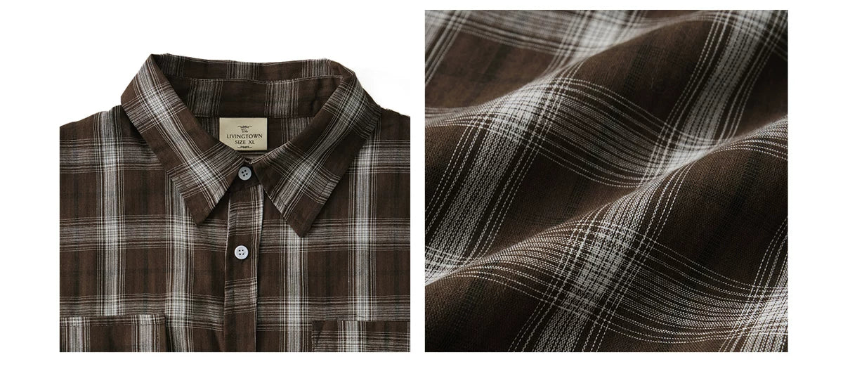 LIVINGTOWN Vintage Loose Casual Checked Short Sleeve Shirt