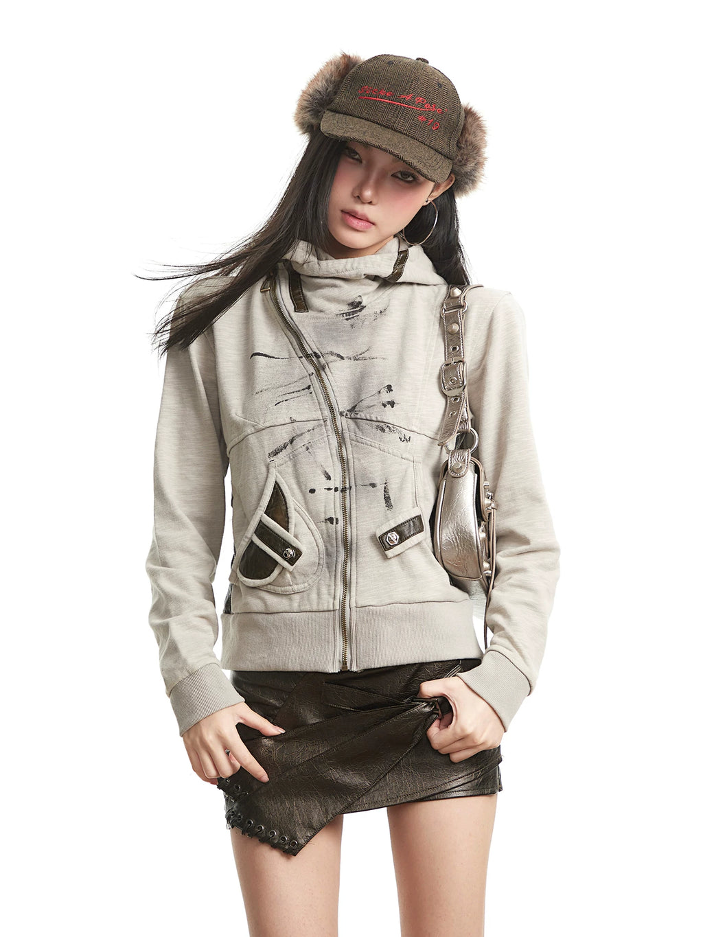 UNCMHISEX Vintage Niche Hooded Zip Jacket