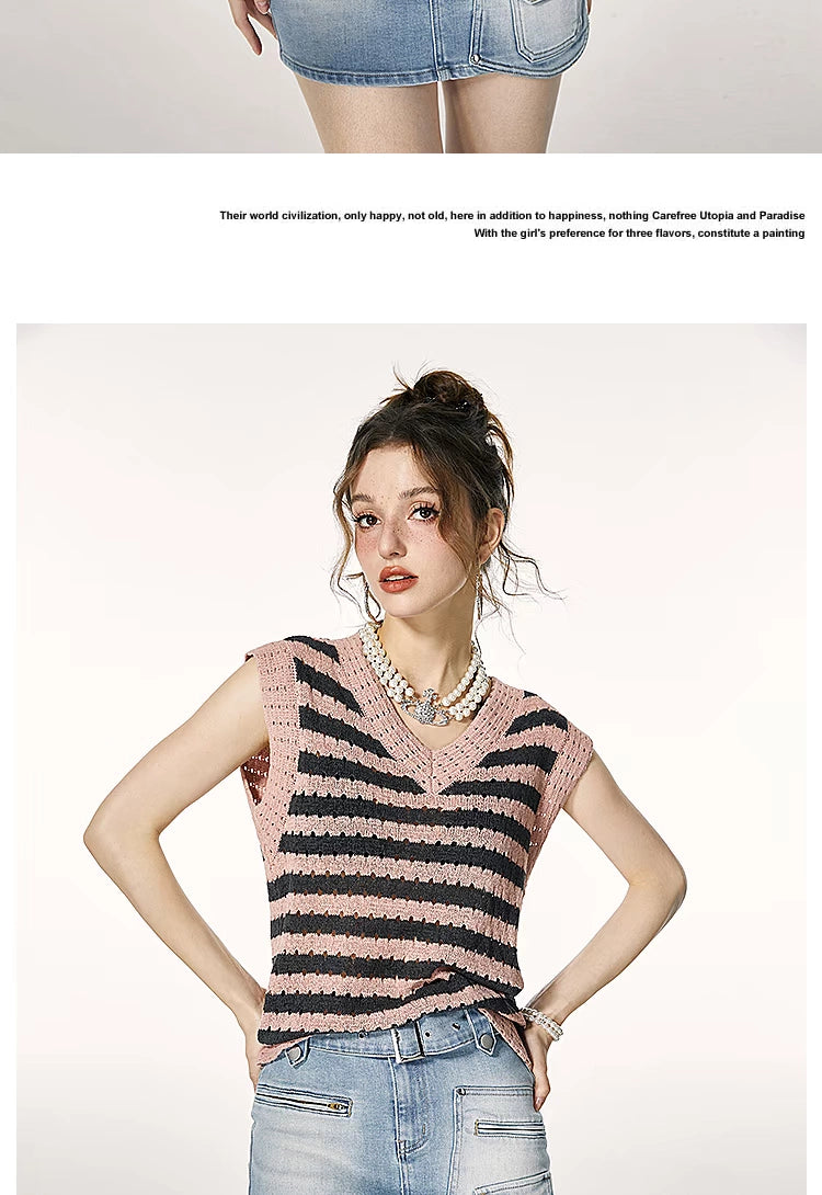 IMONE One Size V-Neck Knitted Striped Vest