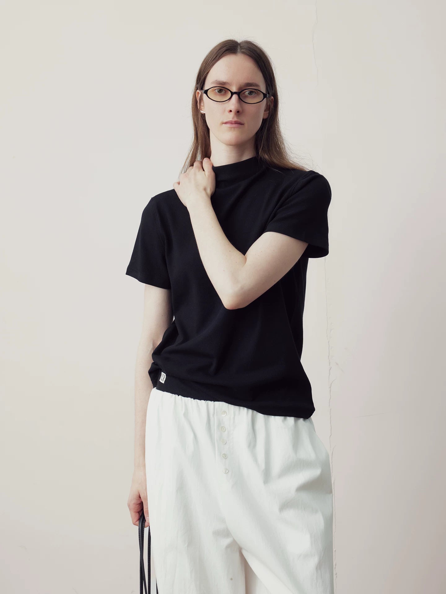COLN Front Shoulder Breathable Pinstriped Half Turtleneck Tee