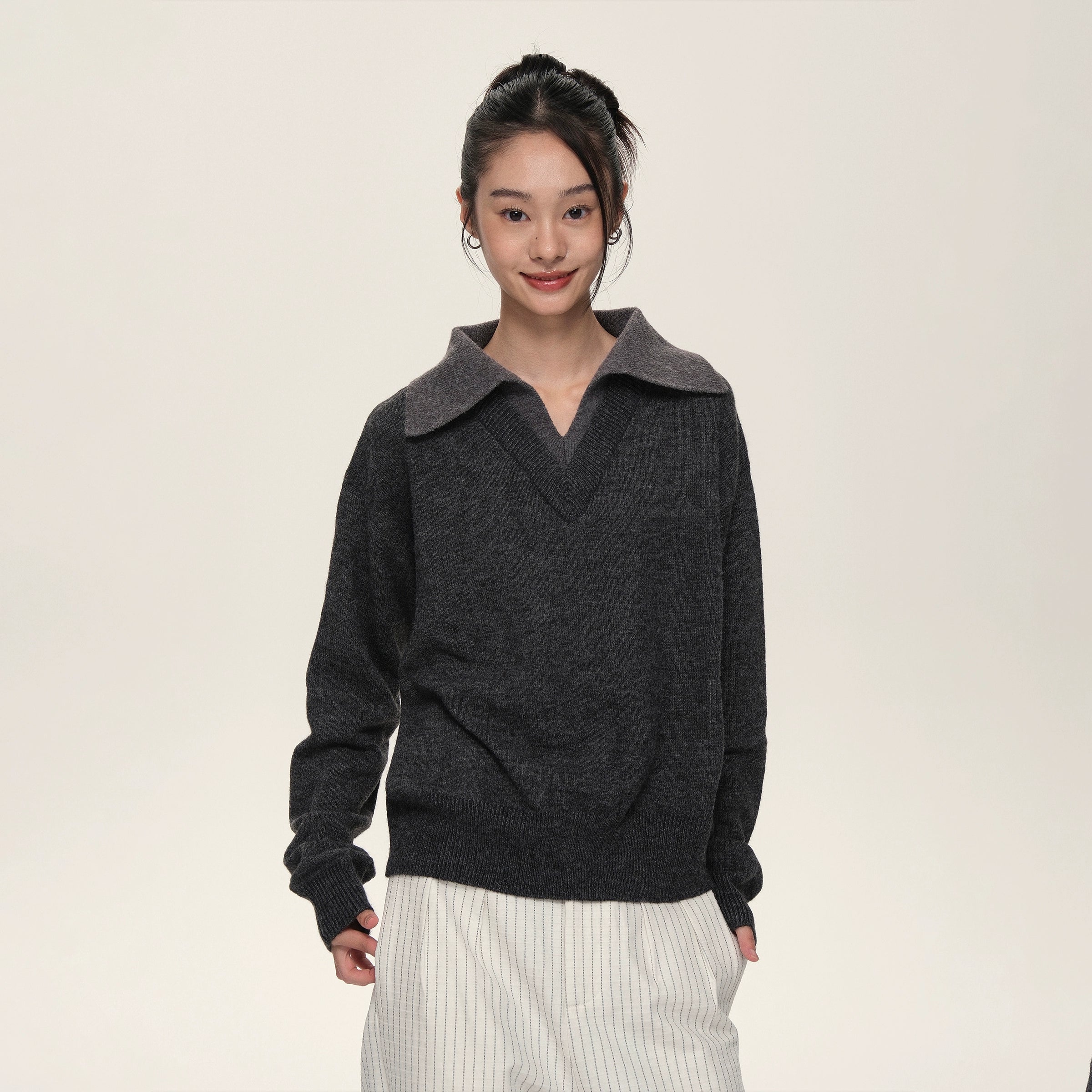 Set for Life V-neck Lapel Color Matching Thin Long-sleeved Sweater