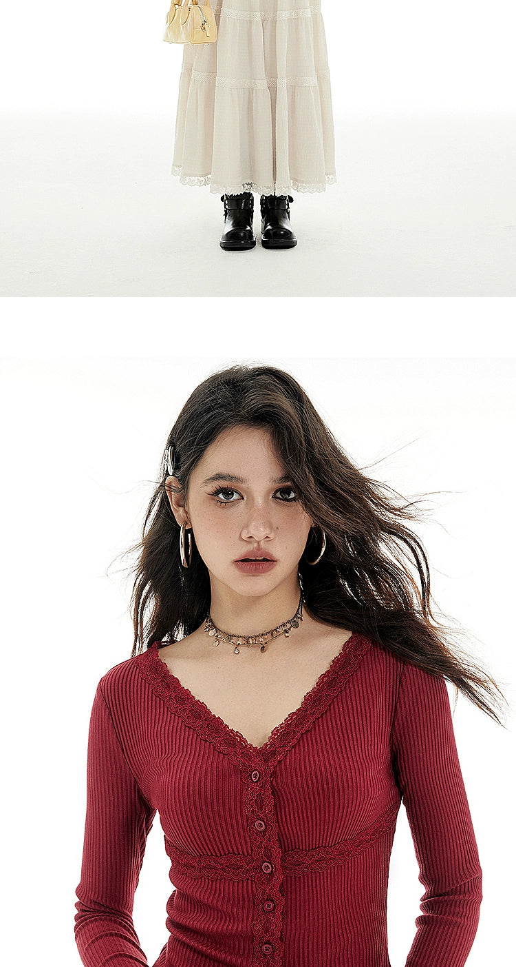 Imone Simple Pit Strip Splicing Lace V-neck Knitted Sweater