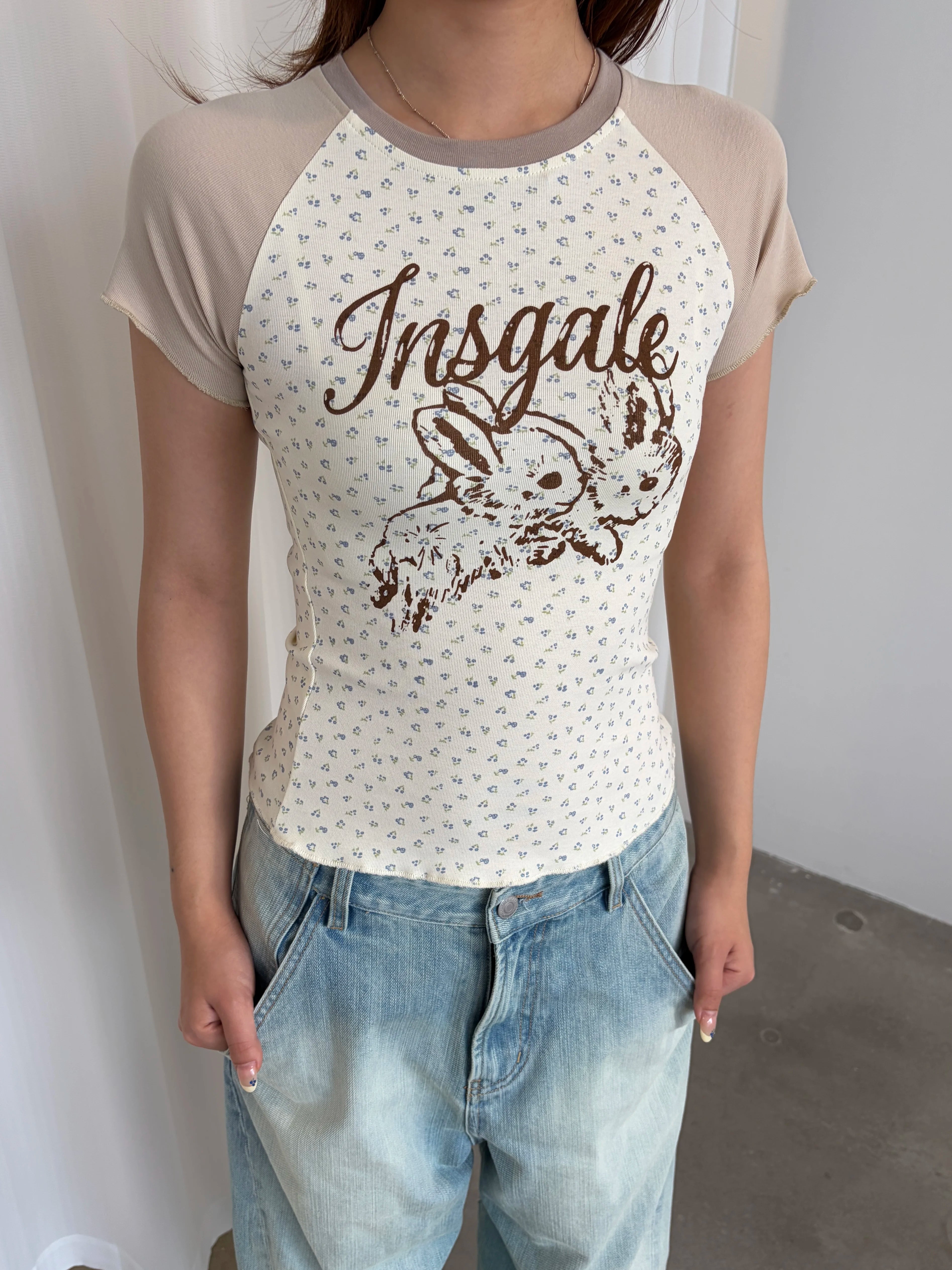 InsGale Floral Color Matching Shoulder Sleeve Slim Tee