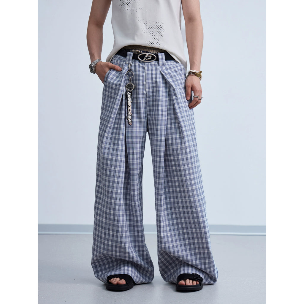 PEOPLESENSE Simple Pleated Three-dimensional Plaid Wide-leg Slacks