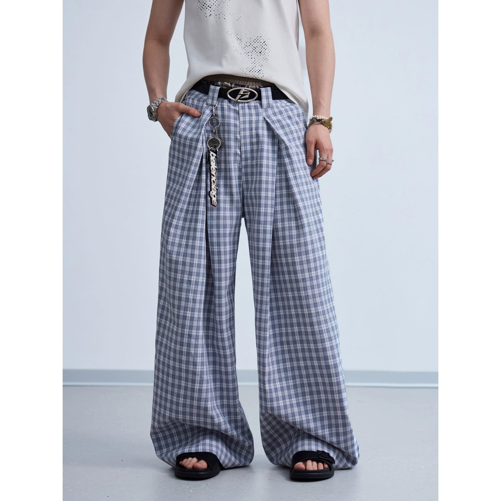 PEOPLESENSE Simple Pleated Three-dimensional Plaid Wide-leg Slacks
