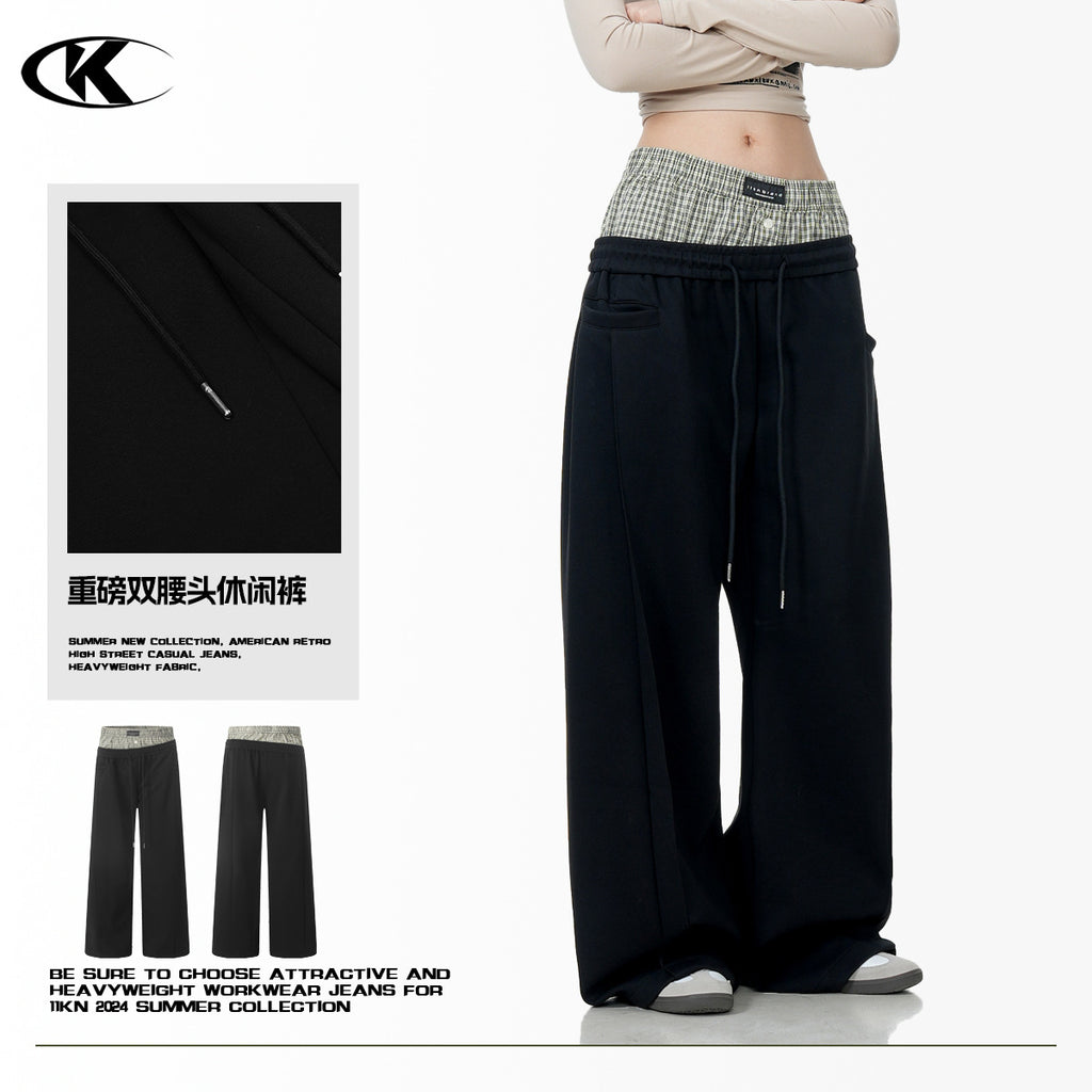11KN double waist splicing black casual pants