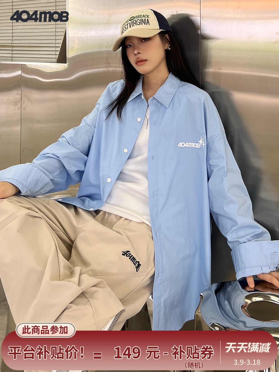 404MOB Embroidery Contrast Color Long Sleeve Shirt