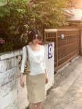 KELIFAN Retro Swinging Neck Mesh Stitching Long Sleeves