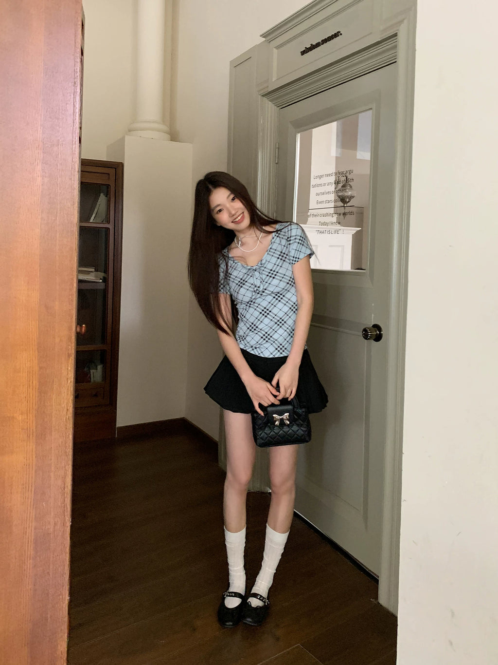 KANO Strap V-neck Contrasting Color Plaid Slim Tee