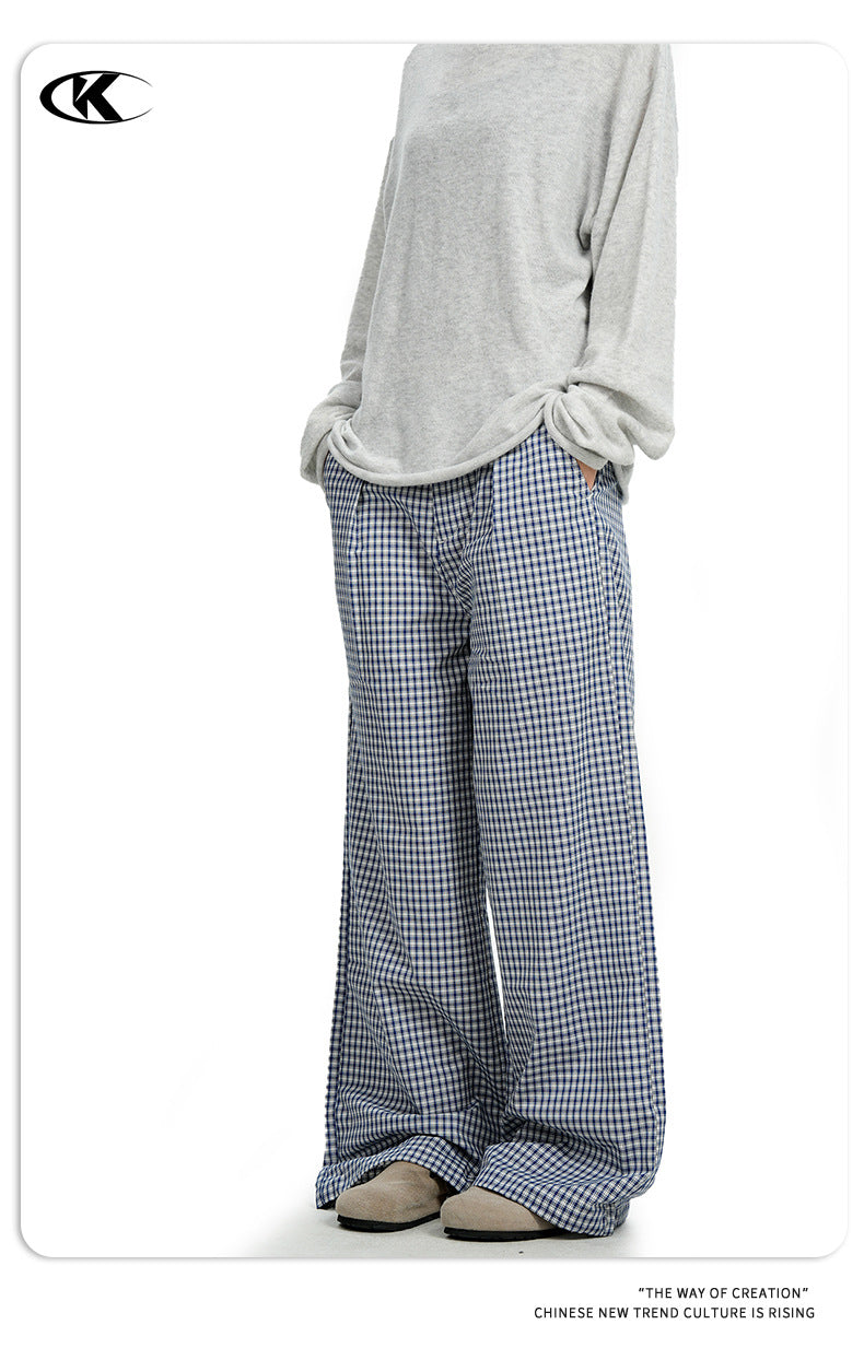 11KN Retro Pleated Plaid Versatile Straight Trousers