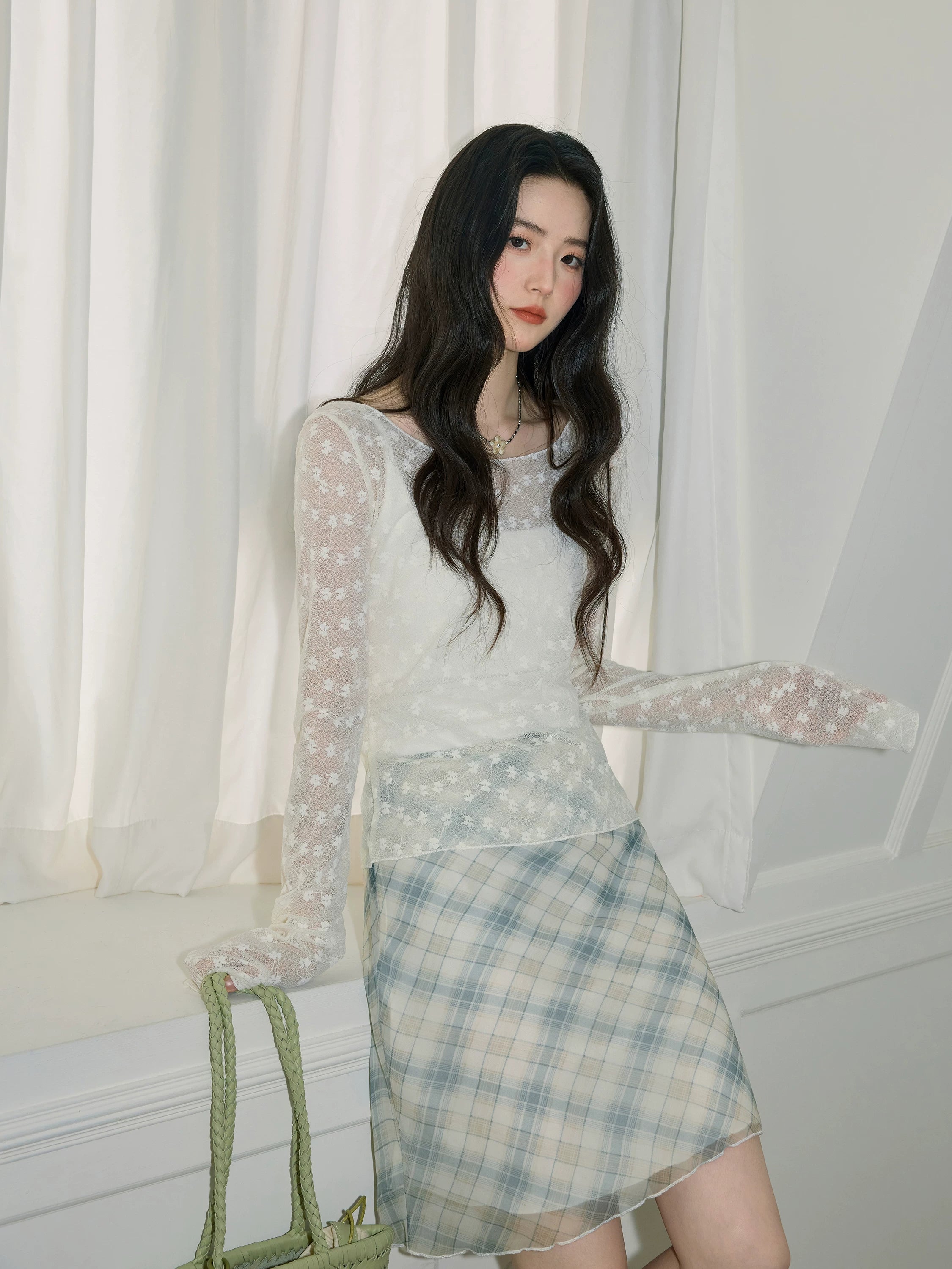 XUJING Lace Floral Slim Long Sleeves
