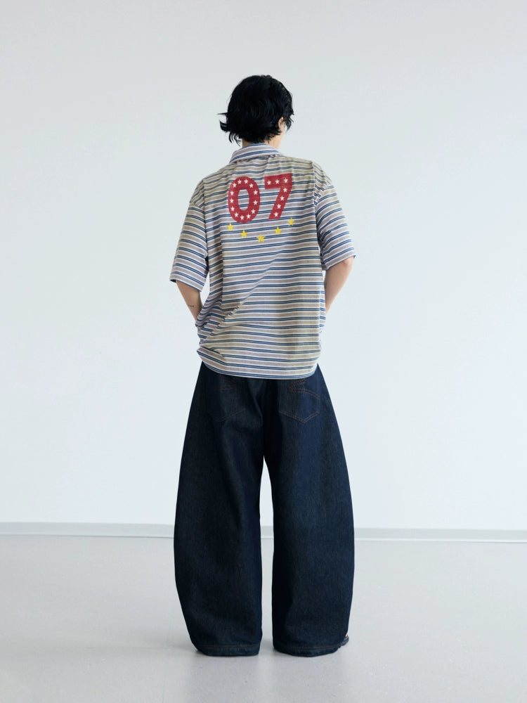 PEOPLESENSE Stripe Spray Dirty Old Resin Buckle POLO Collar Tee