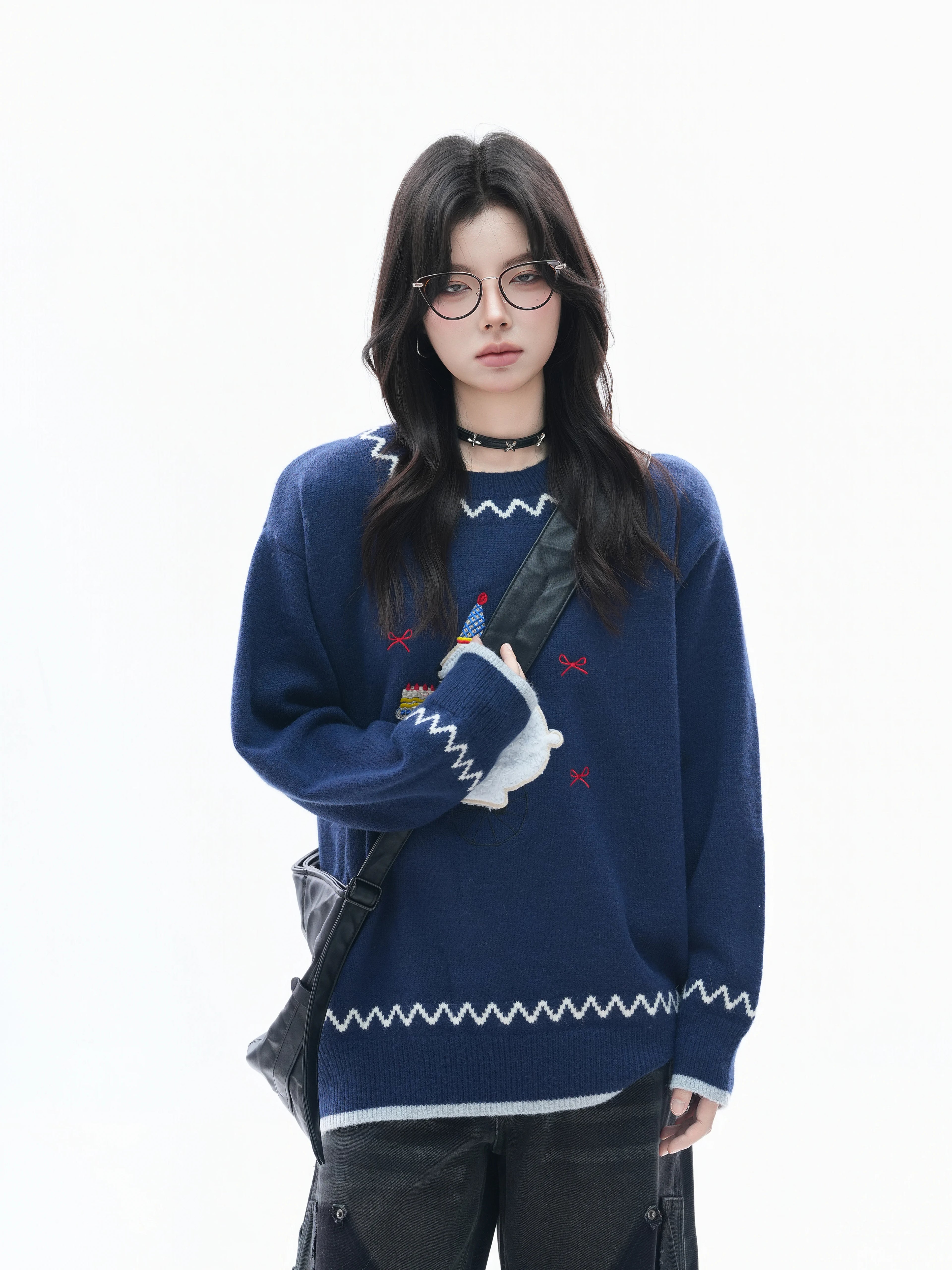 Zuocisankon Vintage Slack Embroidered Plush Rabbit Knitted Sweater