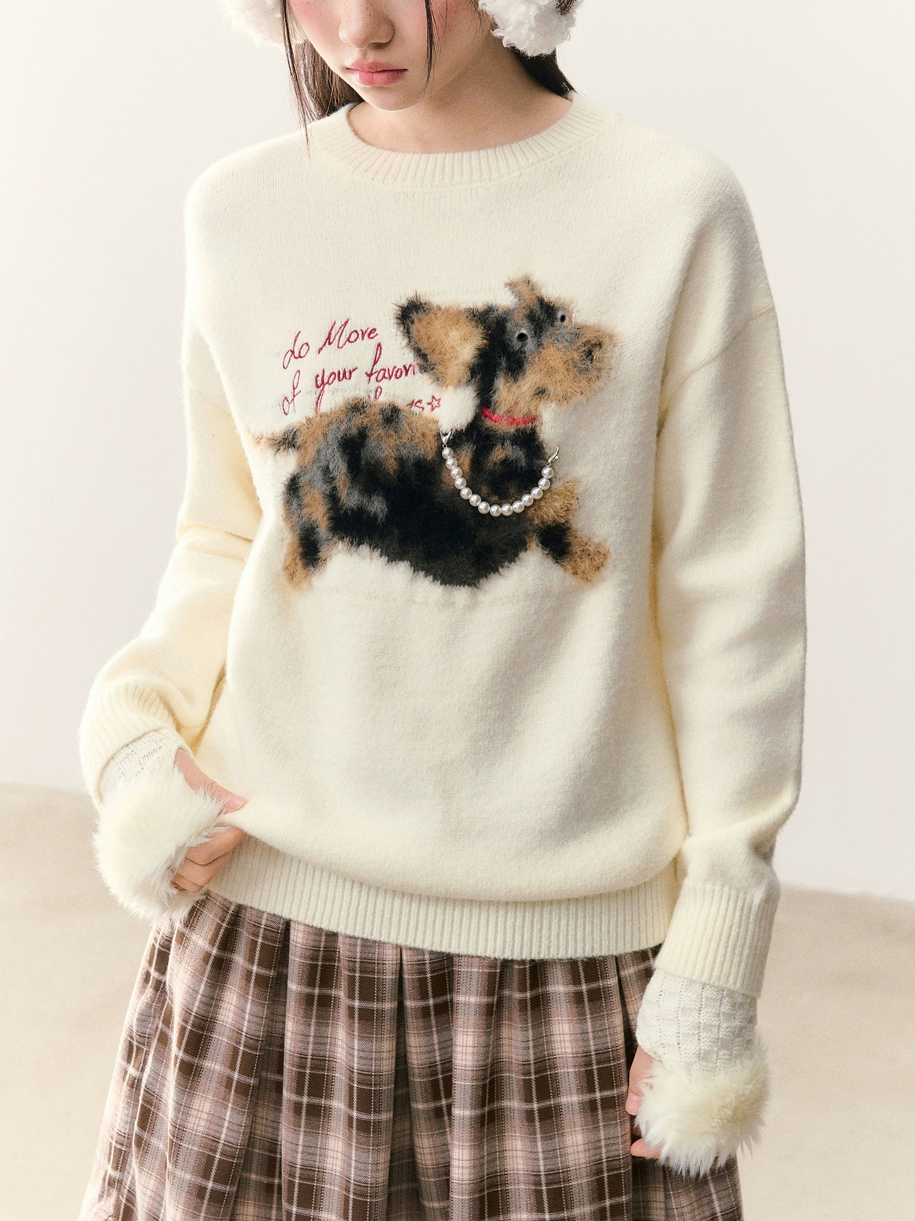 Umoumo Loose Casual Pearl Chain Embroidered Sweater