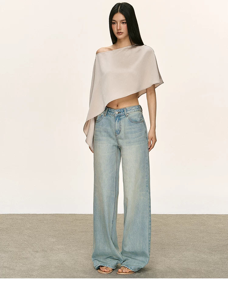 Anna Aneae Satin Slanted Shoulder Slim One-word Collar Short Tee