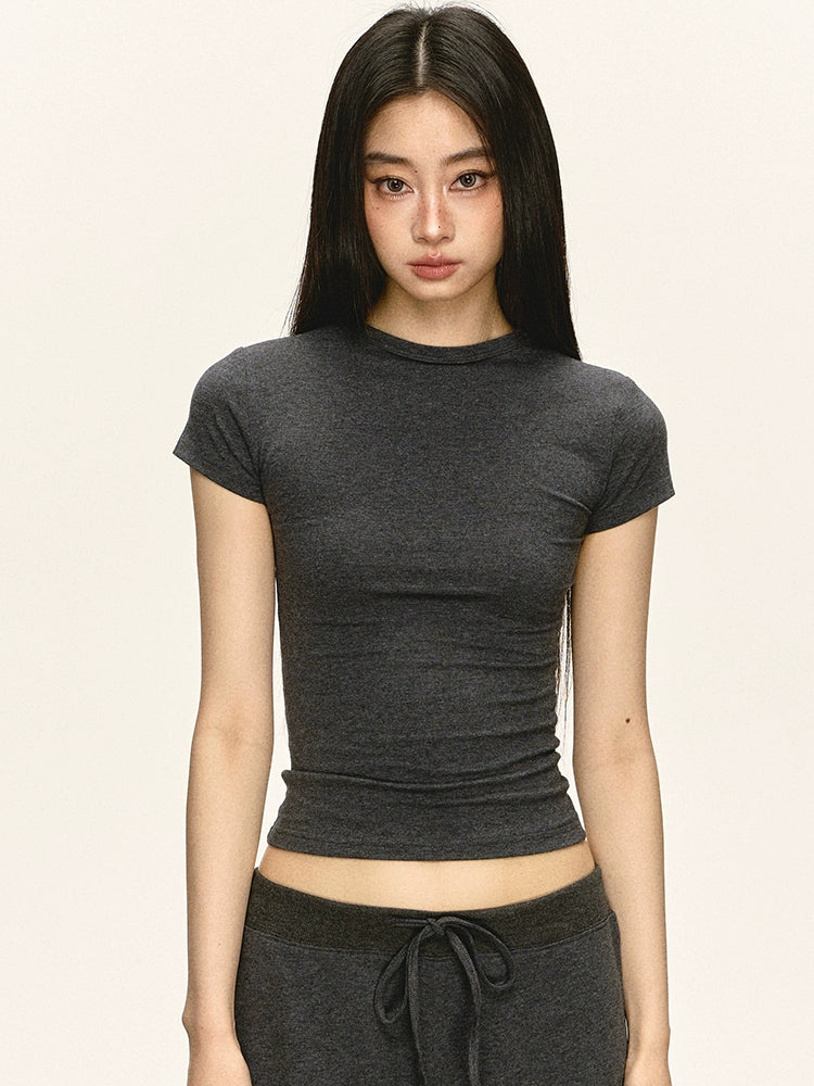 Anna Aneae Straight Shoulder Simple and Versatile Crew Neck Slim Fit Tee