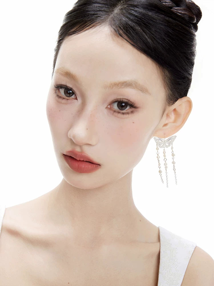 NO SOLUTION Pearl Tassel Butterfly Stud Earrings