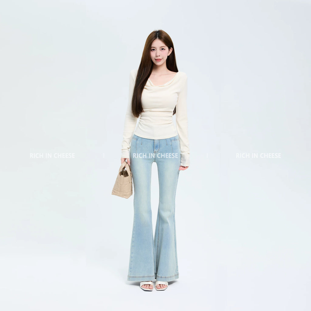 RICH IN CHEESE Swing Neck Knitted Waist Pleated Long Sleeves