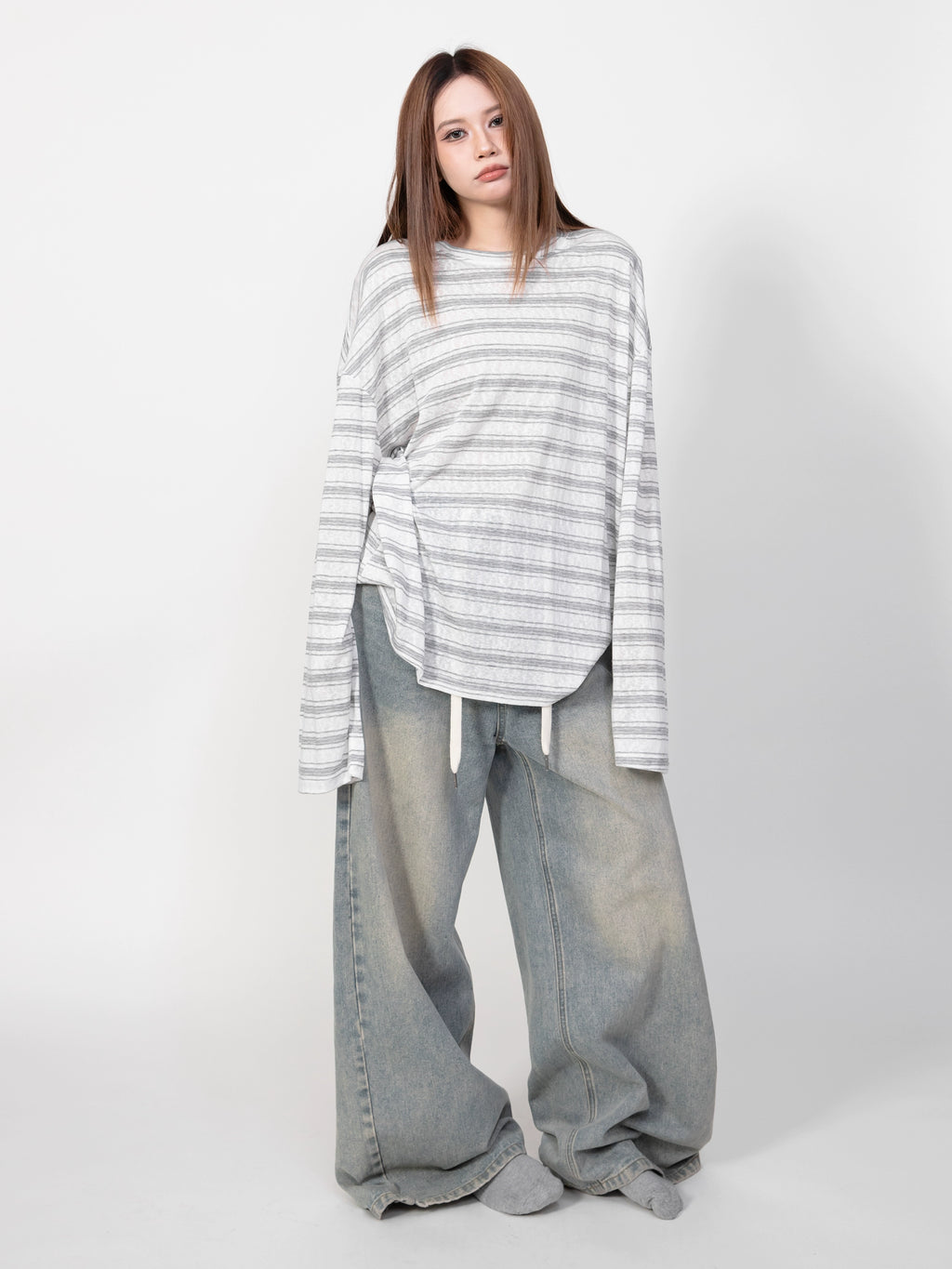 RHOMEHOUSE Lazy Loose Drape Striped Long Sleeve