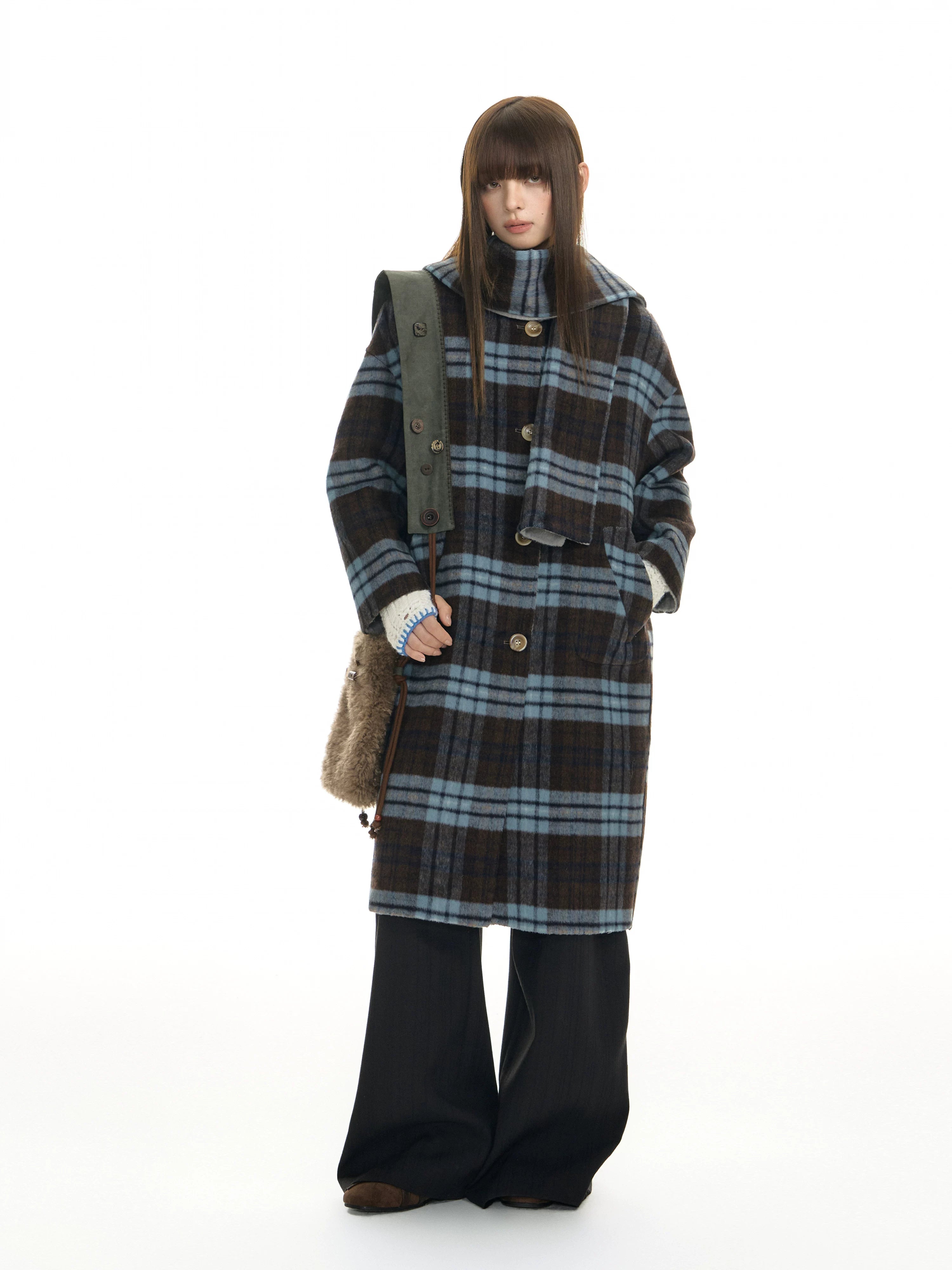TGNS Plaid Scarf Double-sided Tweed Coat