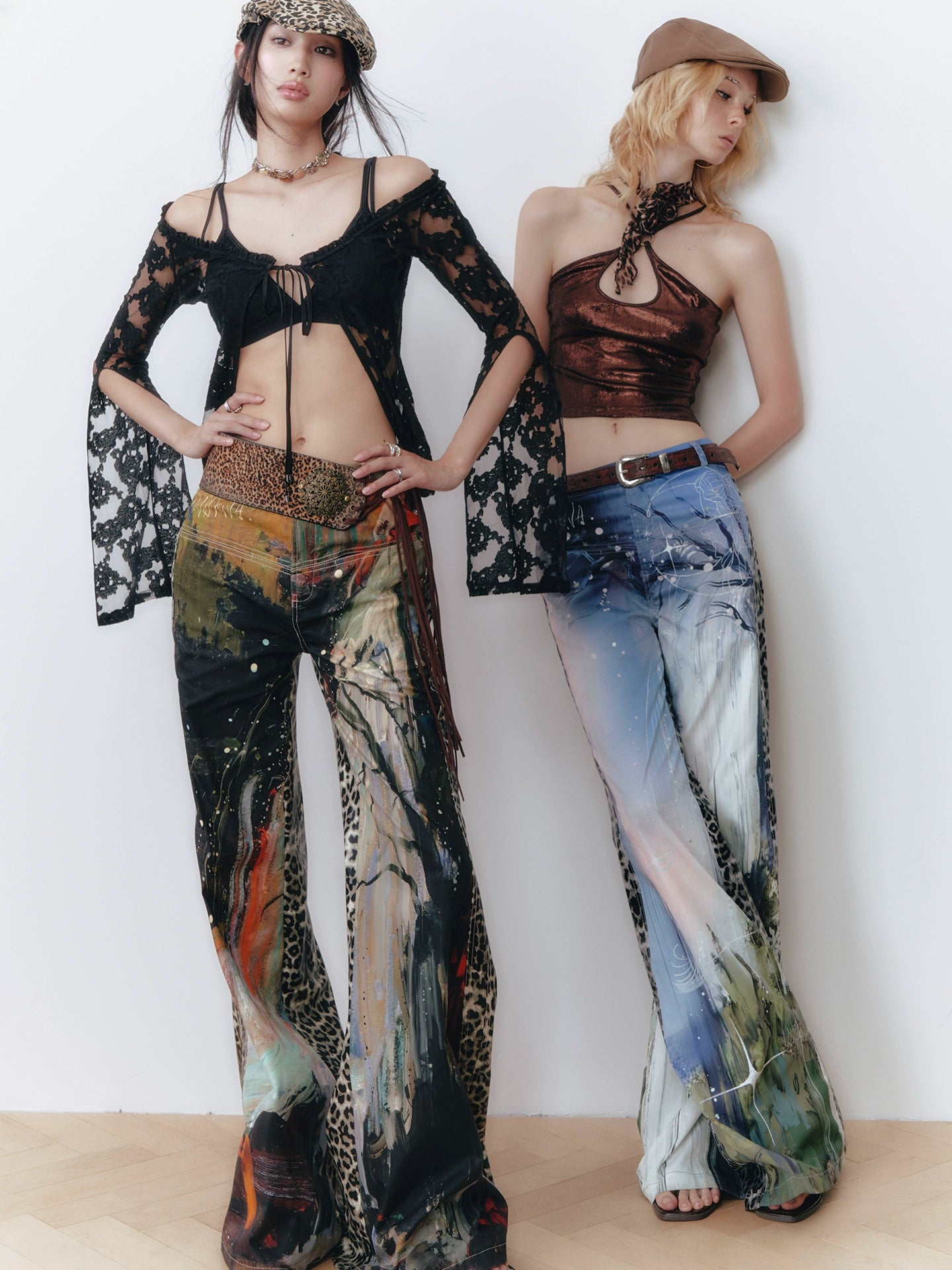 OfAkiva Waterfall Oil Painting Landscape Leopard Casual Jeans