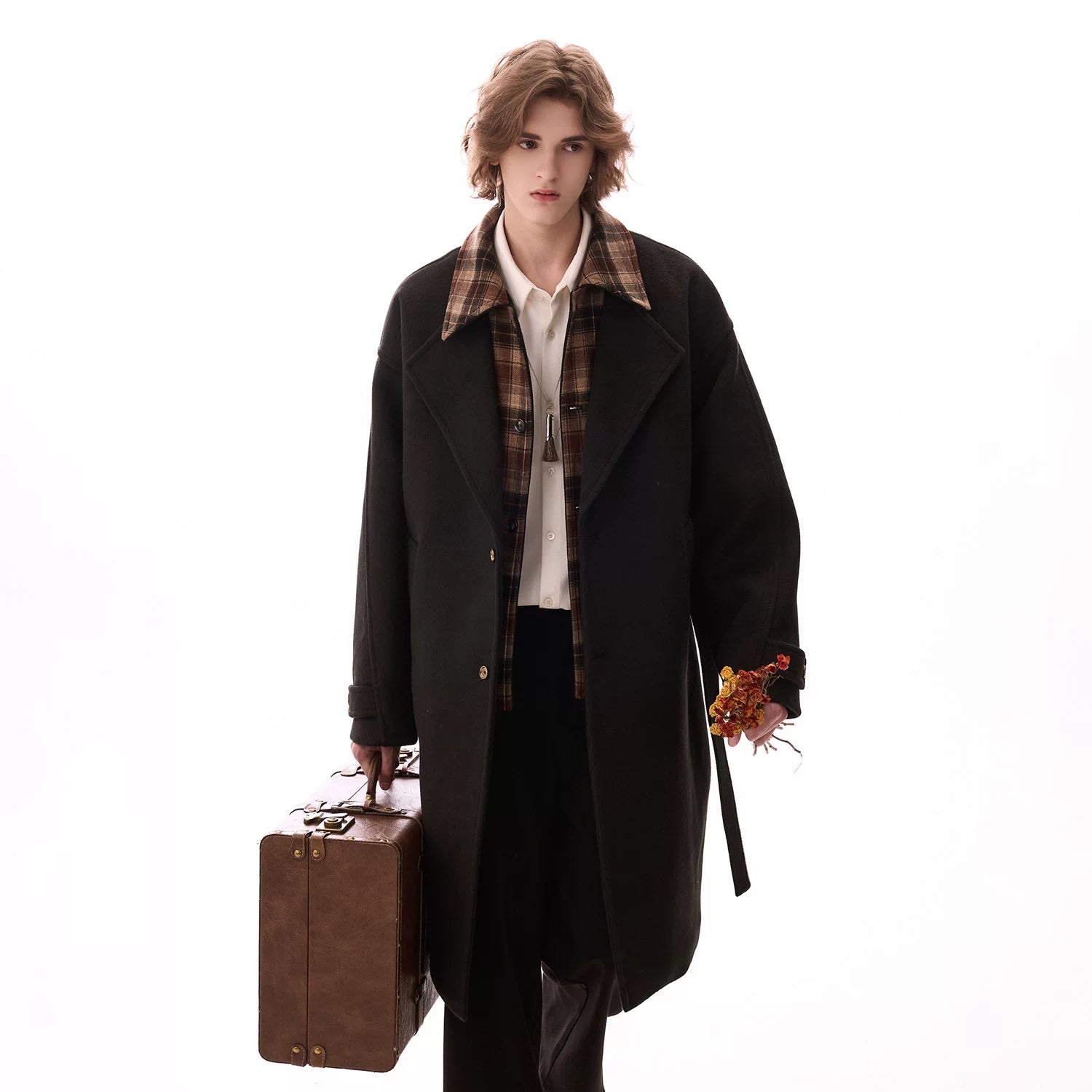 CHOR Casual Plaid Stitching Fake Two-piece Woolen Jacket