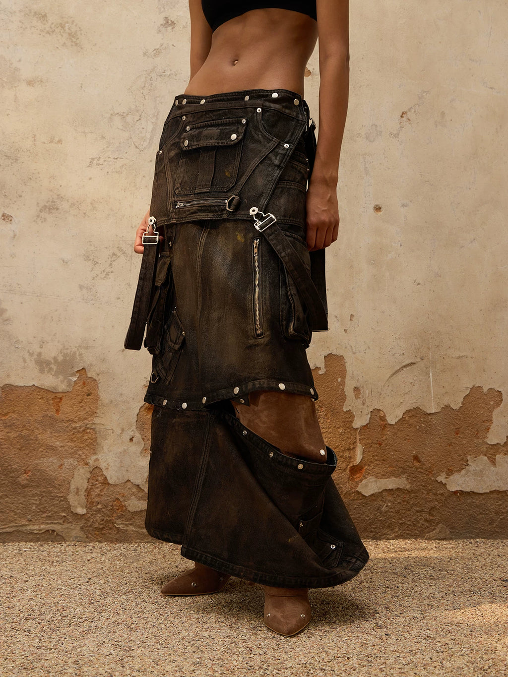 PERSONSOUL Vintage Premium Denim Strap Skirt