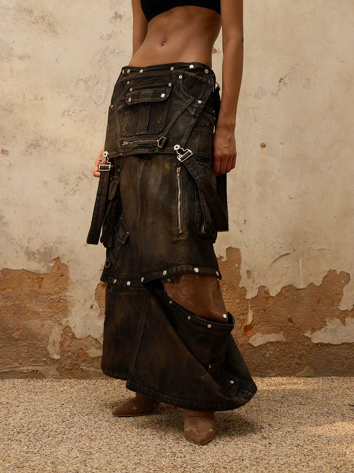 PERSONSOUL Vintage Premium Denim Strap Skirt