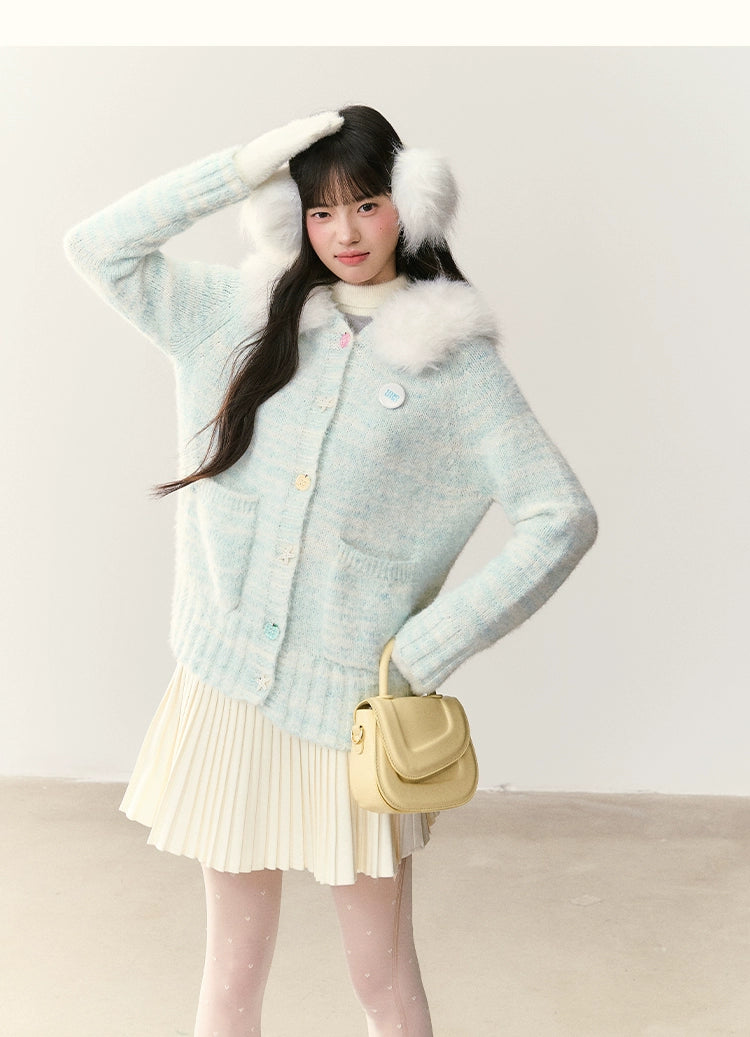 Umoumo Gradual Change Fur Collar Plush Hooded Cardigan