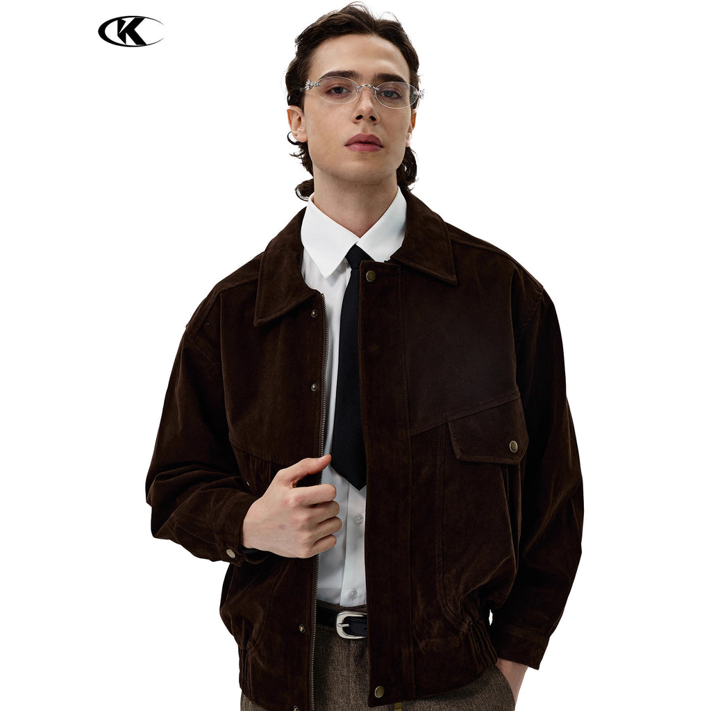 11KN Retro Loose Imitation Leather Fleece Lapel Jacket