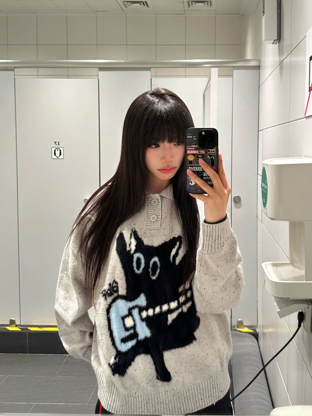 BF. BORFEND Vintage Fun Cat Jacquard Polo Collar Sweater
