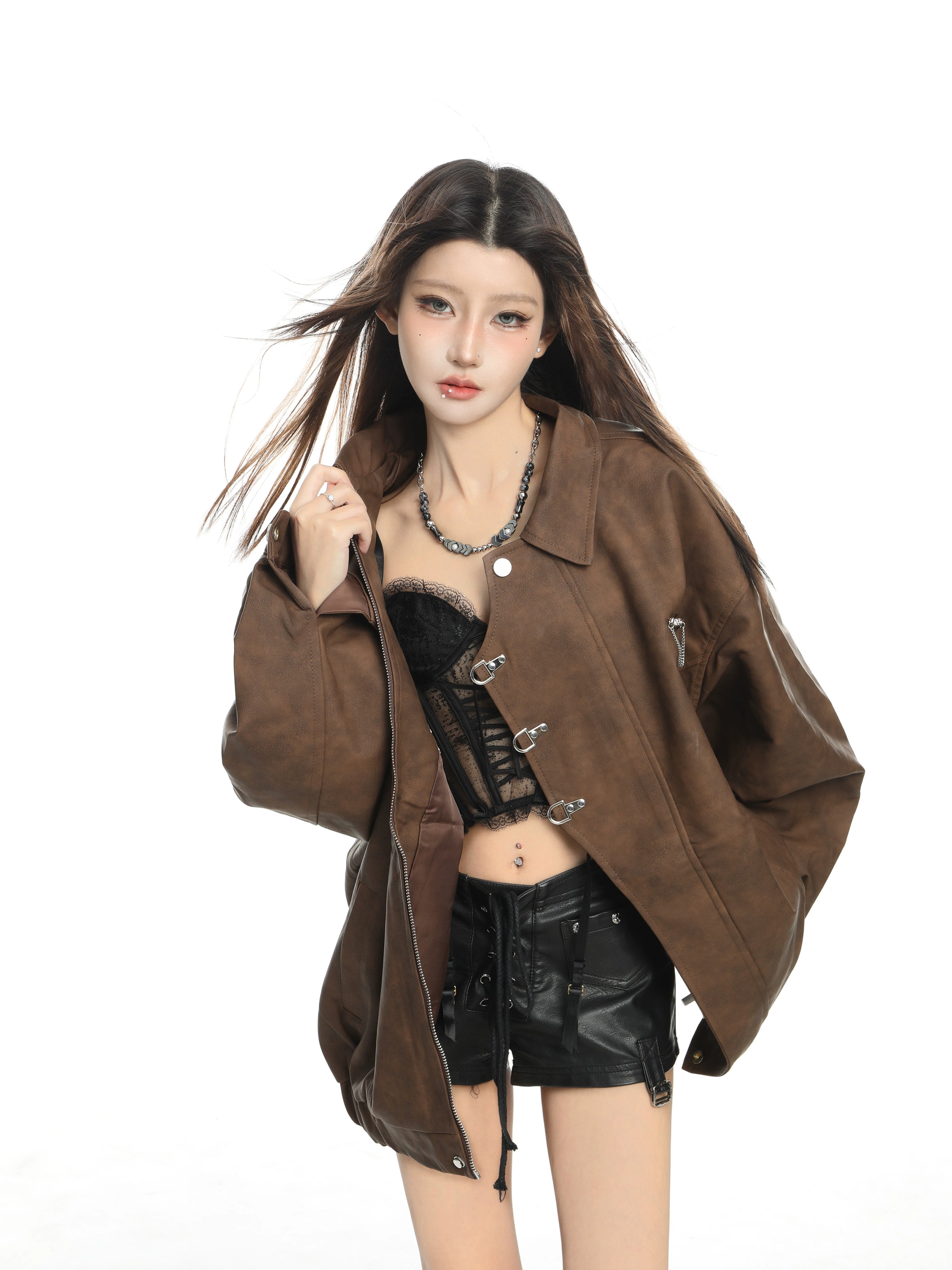 KDASE Vintage Suede Metal Buckle Lapel Leather Jacket
